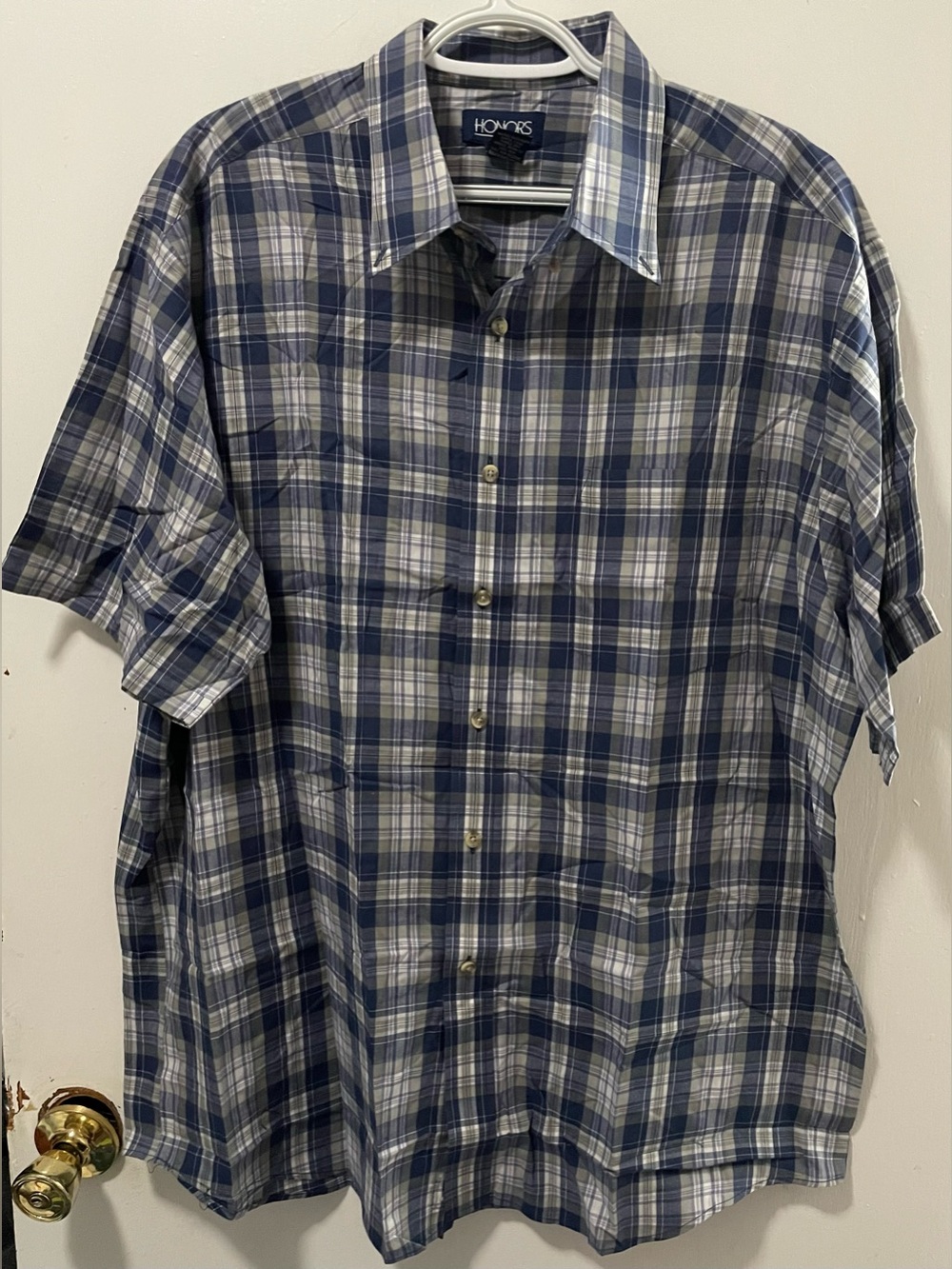 Honors Men Navy White Tan Short Sleeve Button Up Plaid Shirt Size Extra Large XL